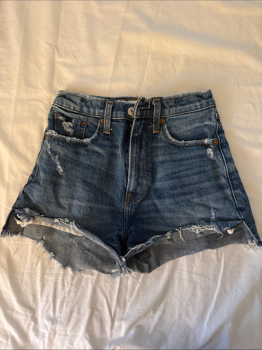 Abercrombie & Fitch Distressed High-Rise Denim Shorts - Dark Blue